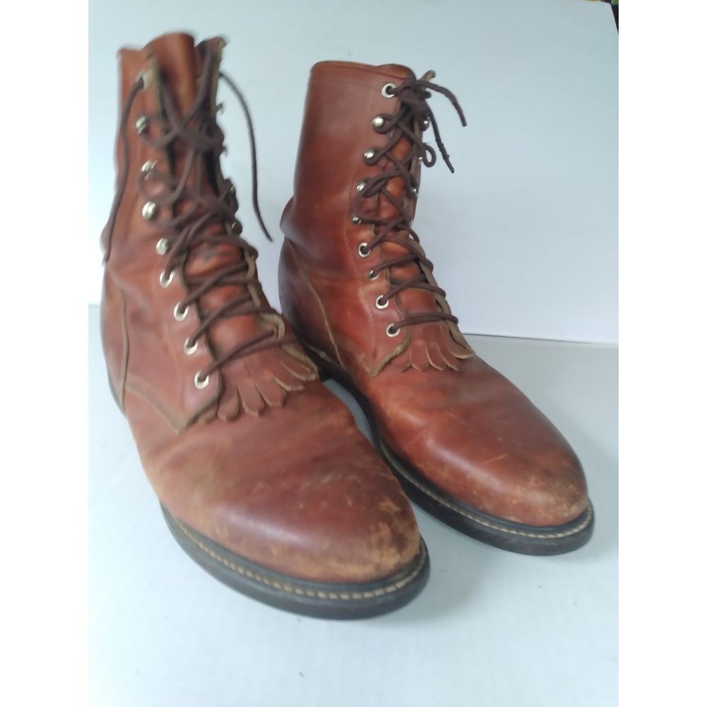 Vintage Brown Leather Laceup Combat Boot with Kiltie Detail Western Riding Style